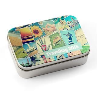 scatole di latta personalizzate con collage di foto