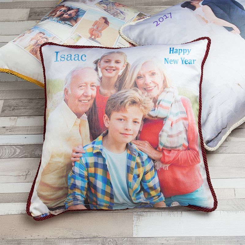 Personalised Silk cushions with family photo and red rope braid trim