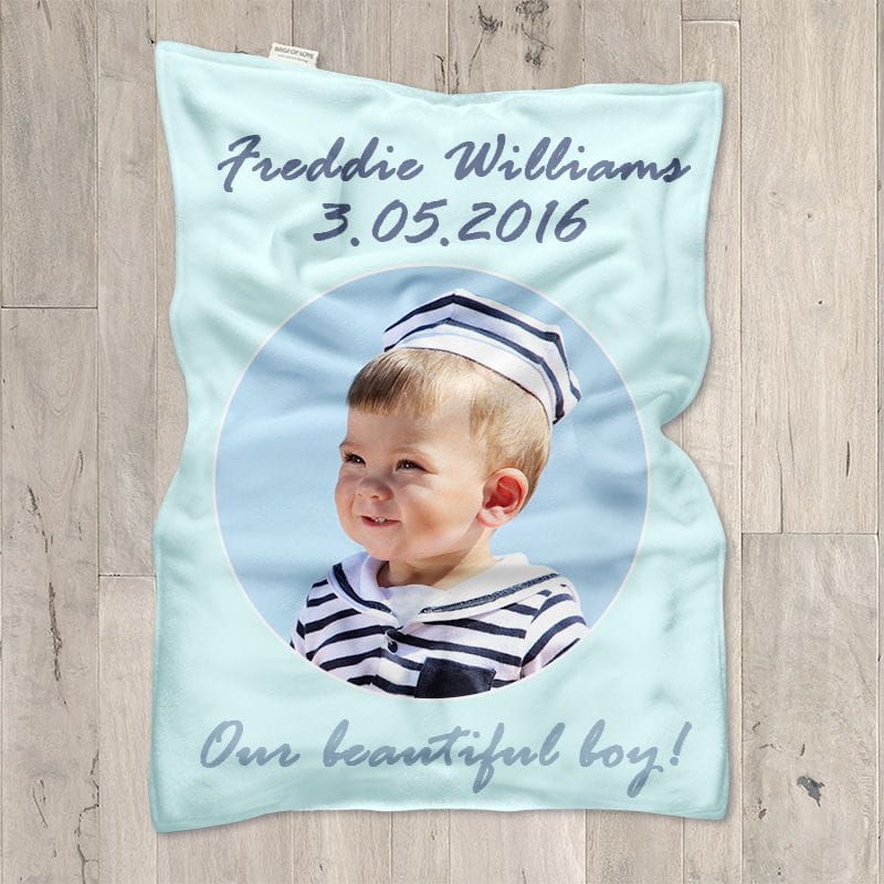 personalised pram blanket printed with photo and text