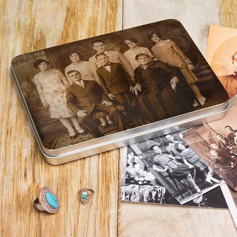 Family memories tin photo and memory trinkets keepsake