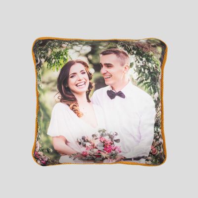Make your own pillow with family photo and red rope braid trim