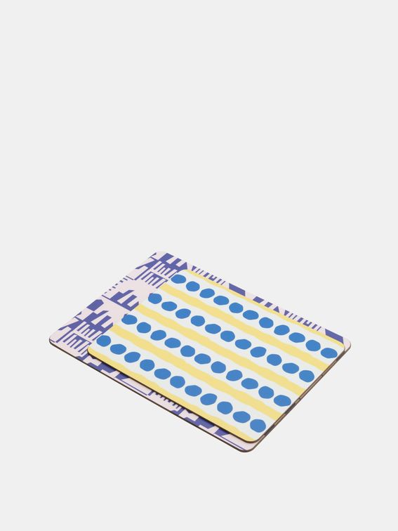 custom printed placemats with blue and yellow pattern