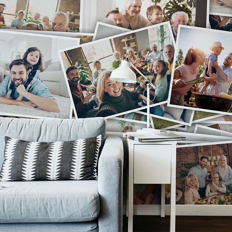 photo collage wallpaper in bedroom creates stunning feature piece