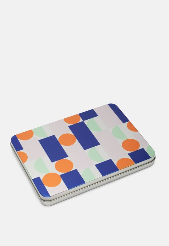 customised tin box with geometric colour pattern