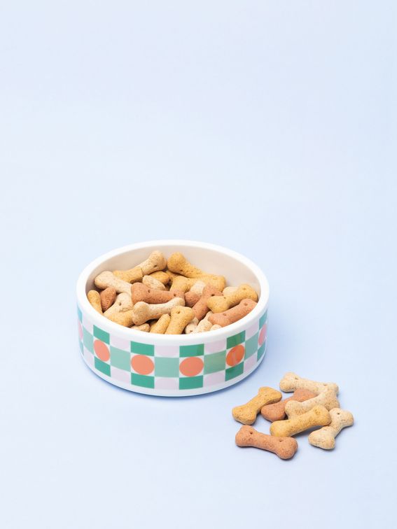 custom cat bowls printed with monochrome pattern and the name catzilla