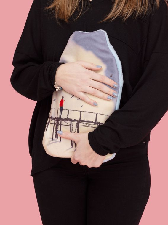 rubber hot water bottle details and fleece cover closeup