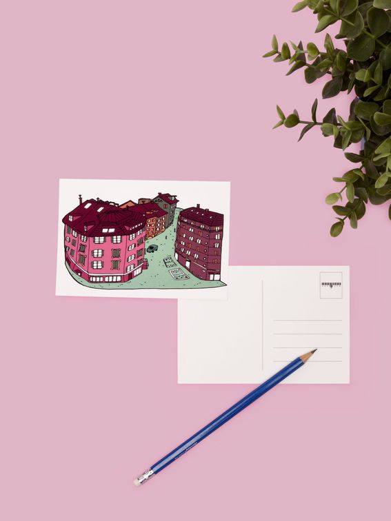 single postcard featuring colourful artist design