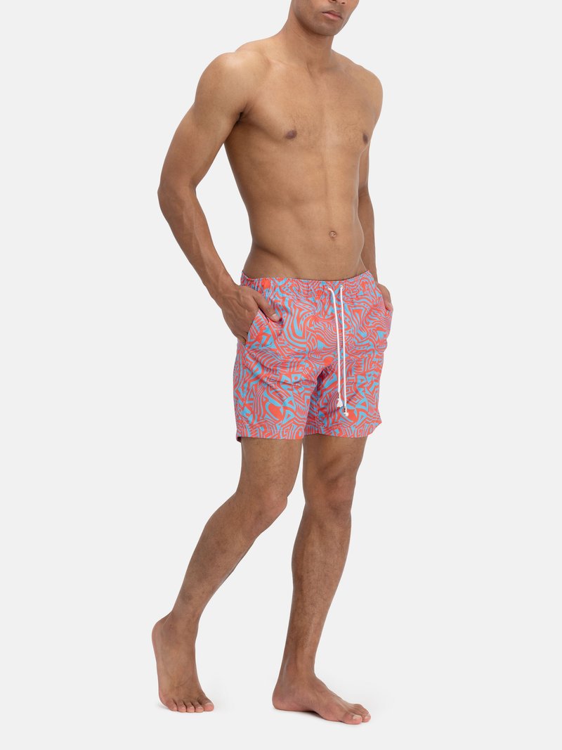 printed swim shorts label