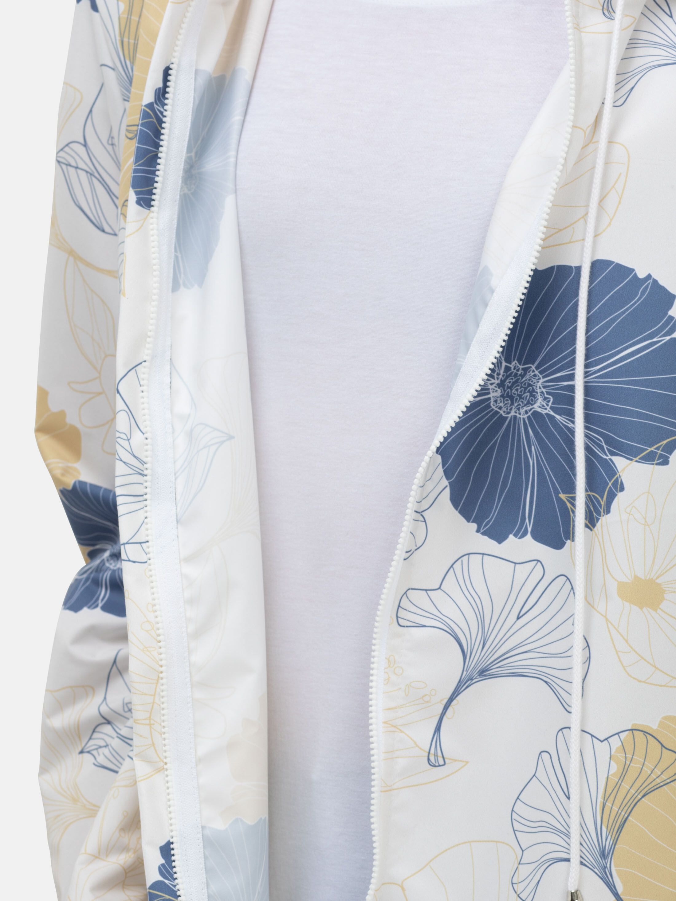 Close-up of waterproof printed rain coat