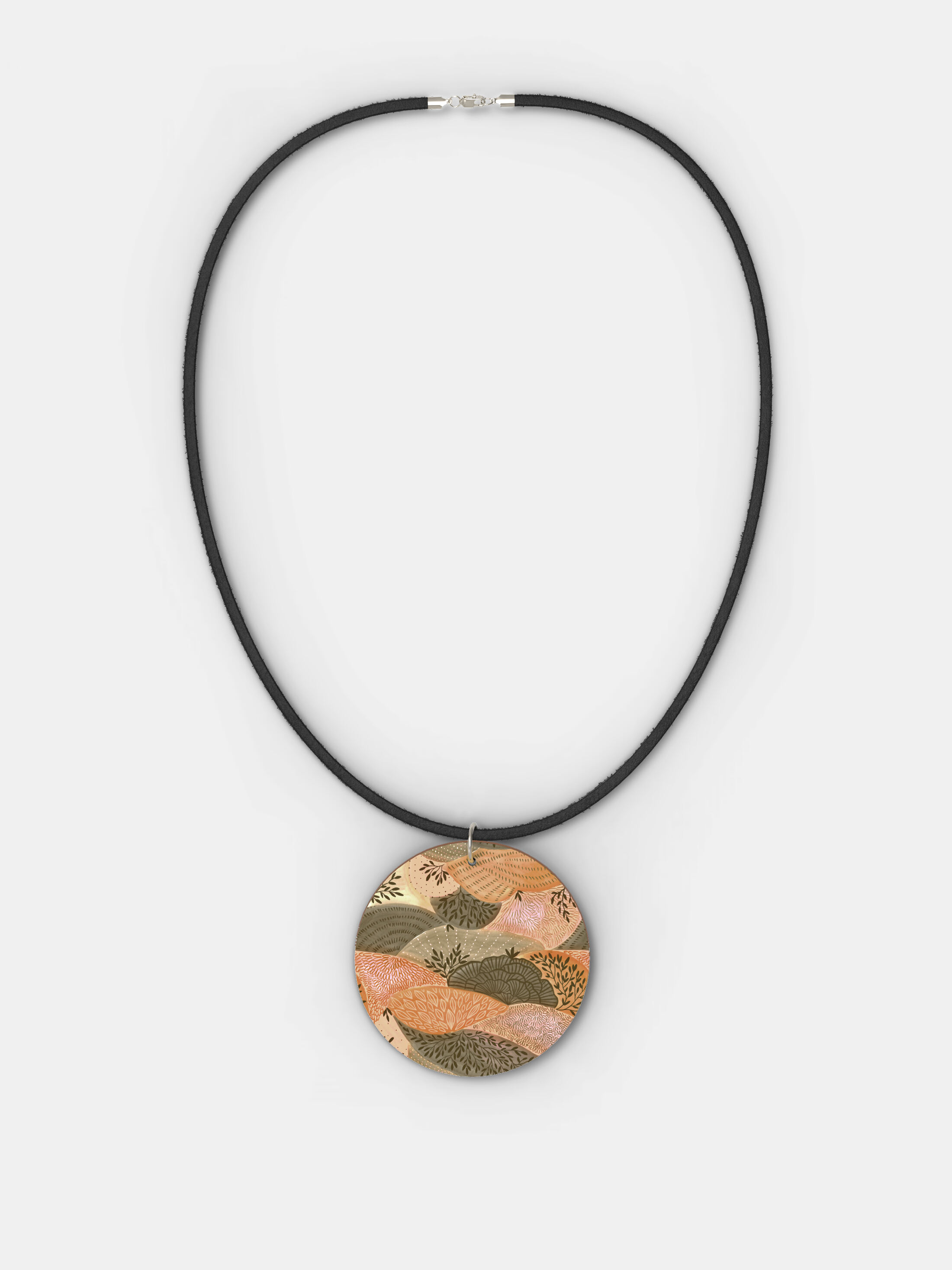 Circular print on wood pendant necklace