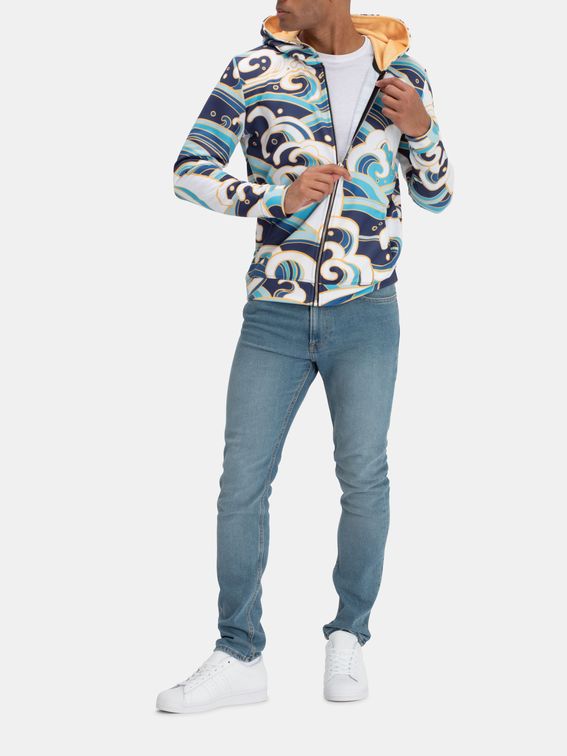 detail of printed hoodie zip opening