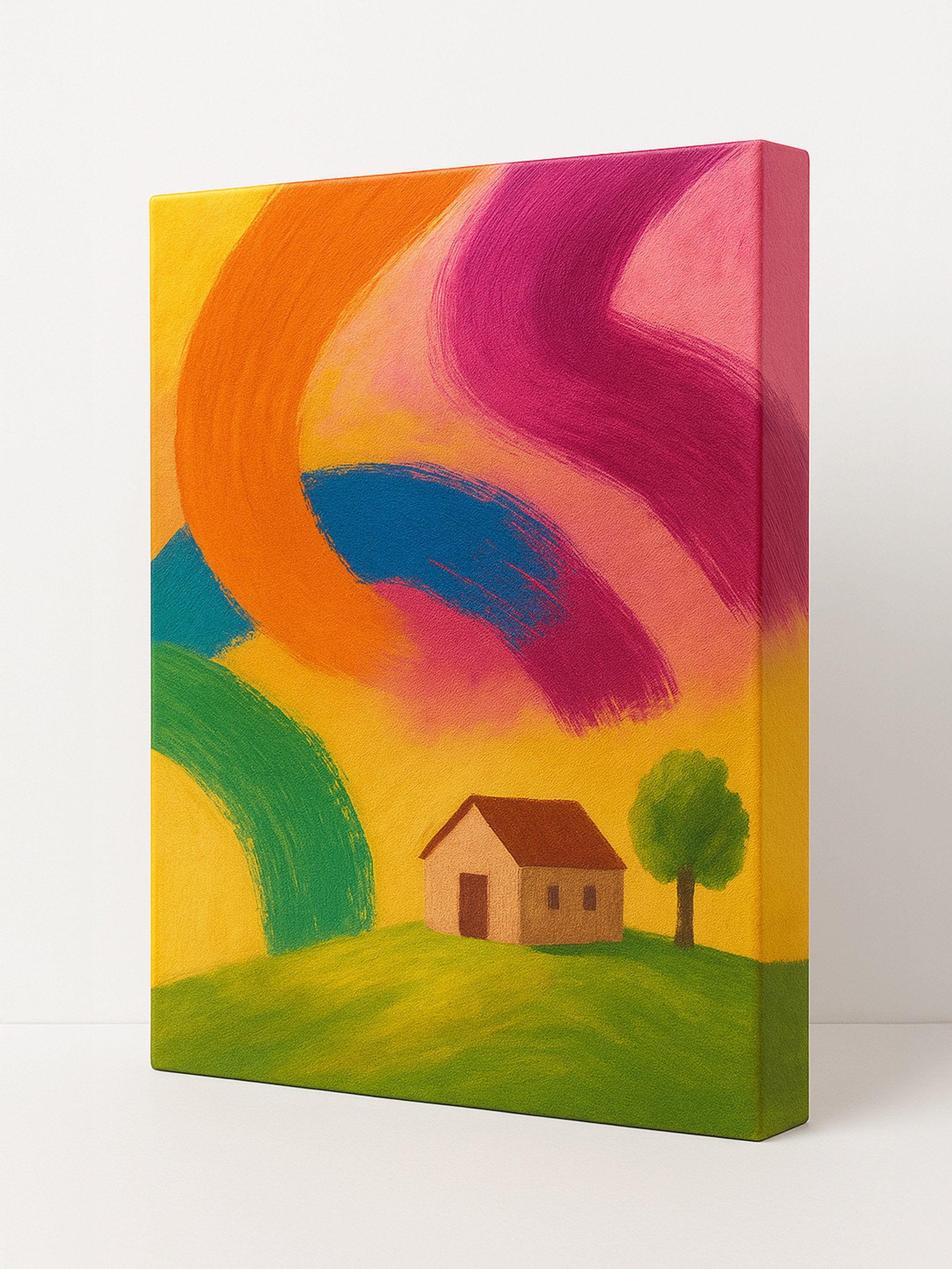 Front view of a vibrant personalised canvas print with house illustration