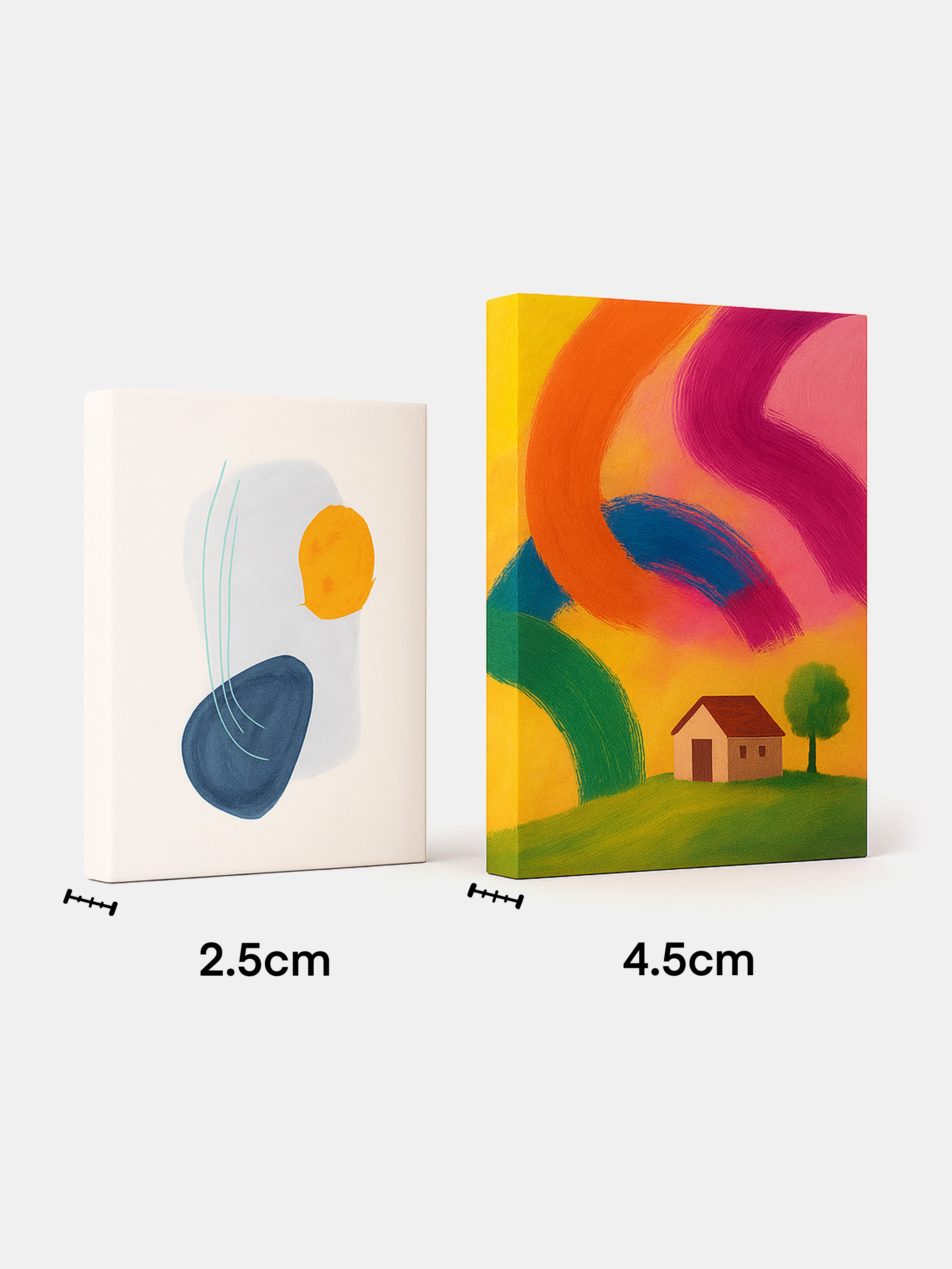 Two personalised canvas prints showing depth options and abstract designs