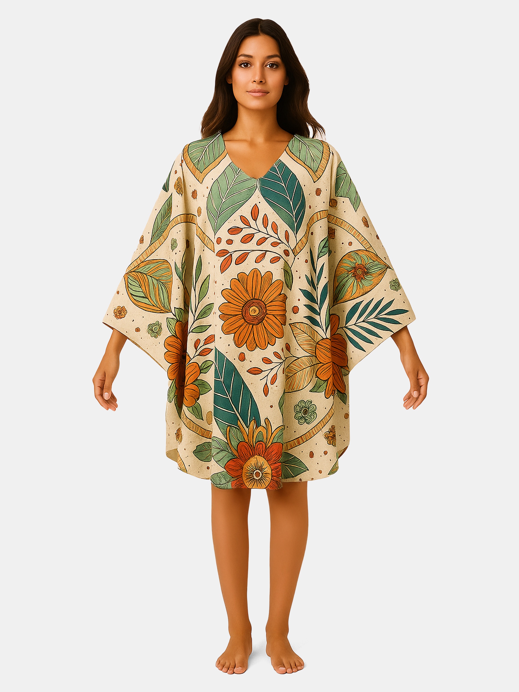 Short floral boho kaftan with wide sleeves
