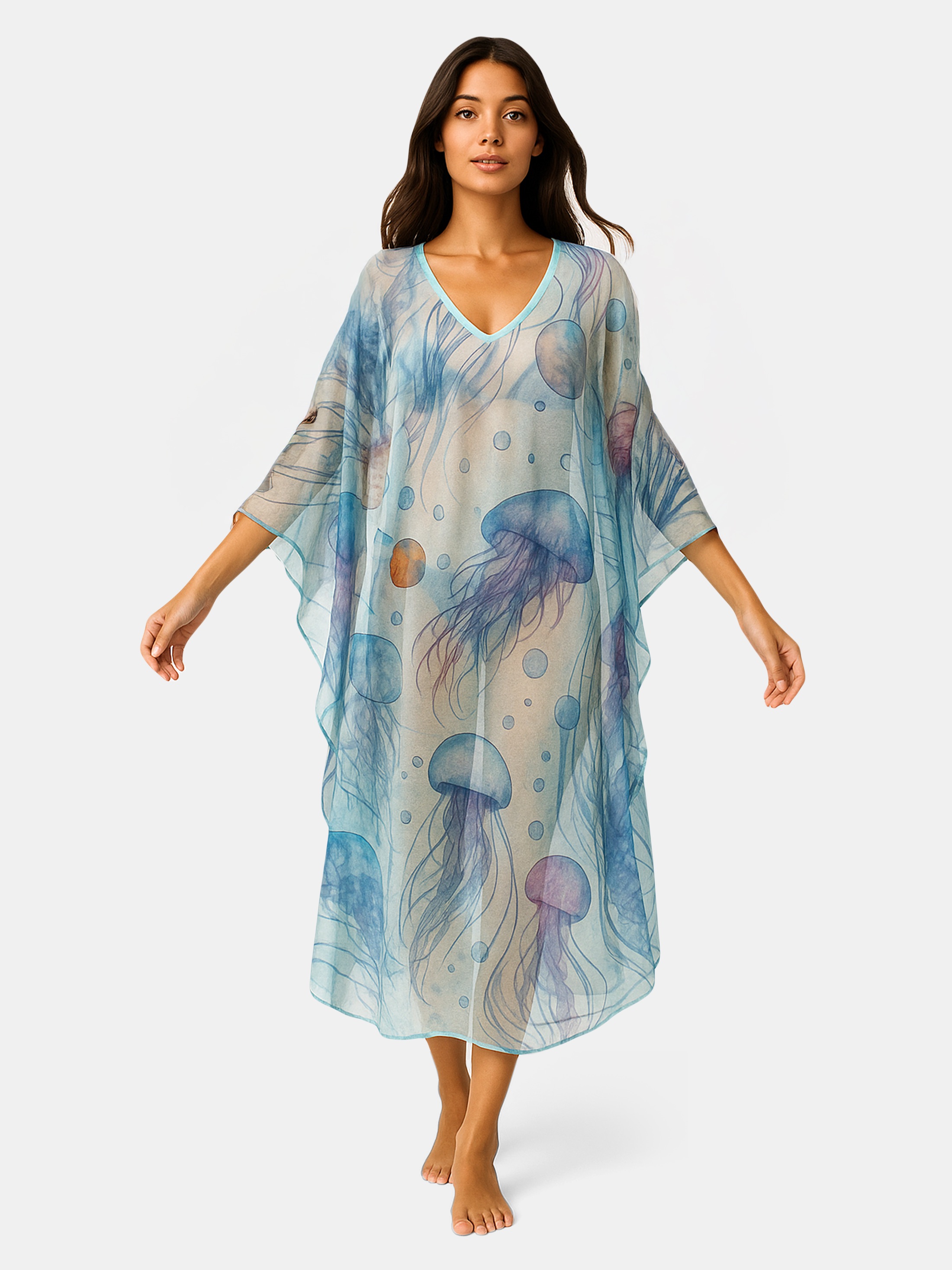 Long jellyfish print kaftan with V-neck
