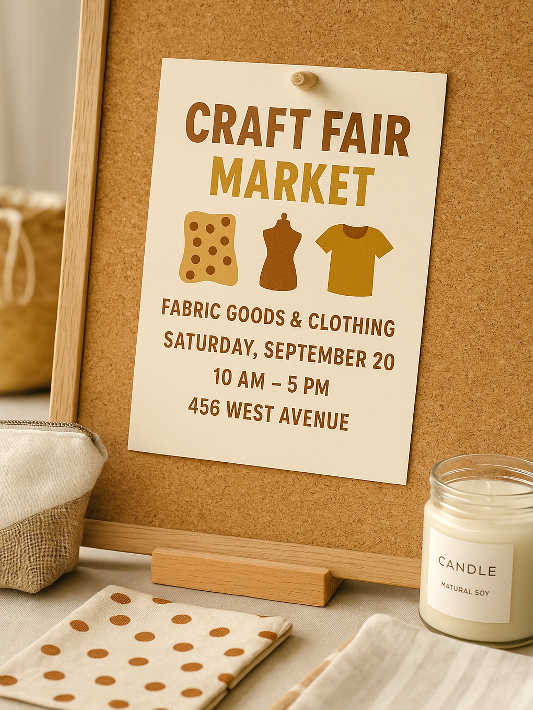 Personalised flyer for craft fair event pinned to corkboard