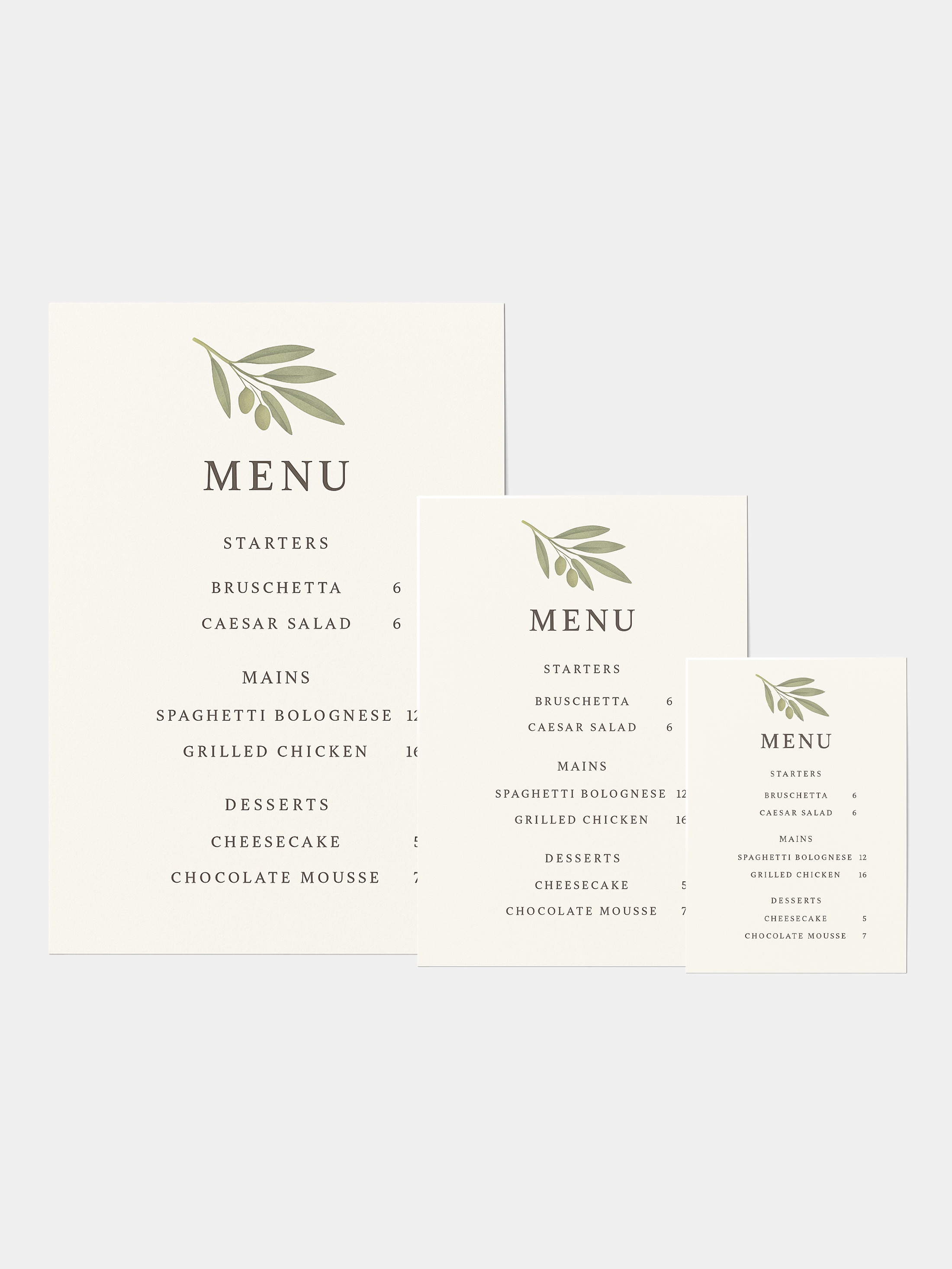 Custom printed wedding menus in three sizes