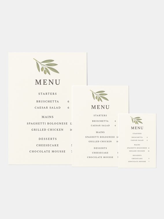 Menus de mariage imprimés sur mesure en trois tailles