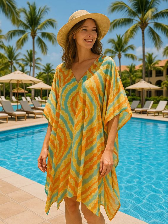 Custom yellow striped kaftan poolside