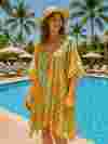 Custom yellow striped kaftan poolside