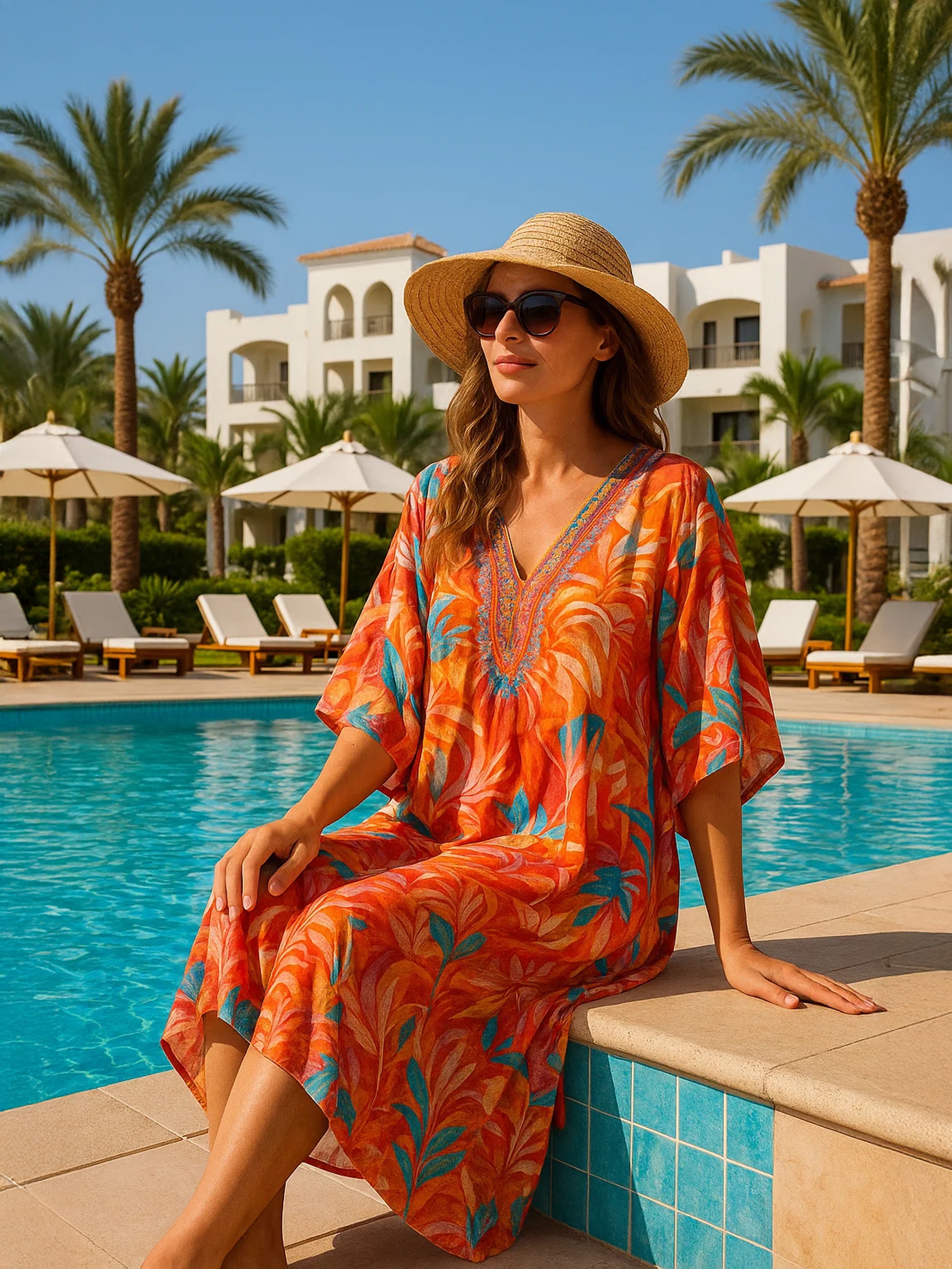 Custom orange floral kaftan poolside