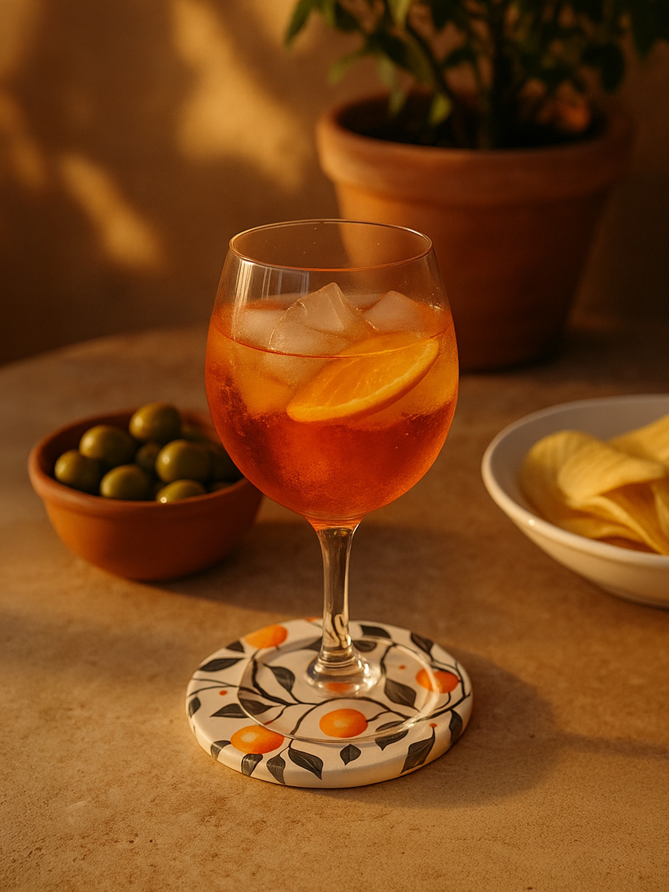 aperitif glass on round ceramic coaster in warm lifestyle setting