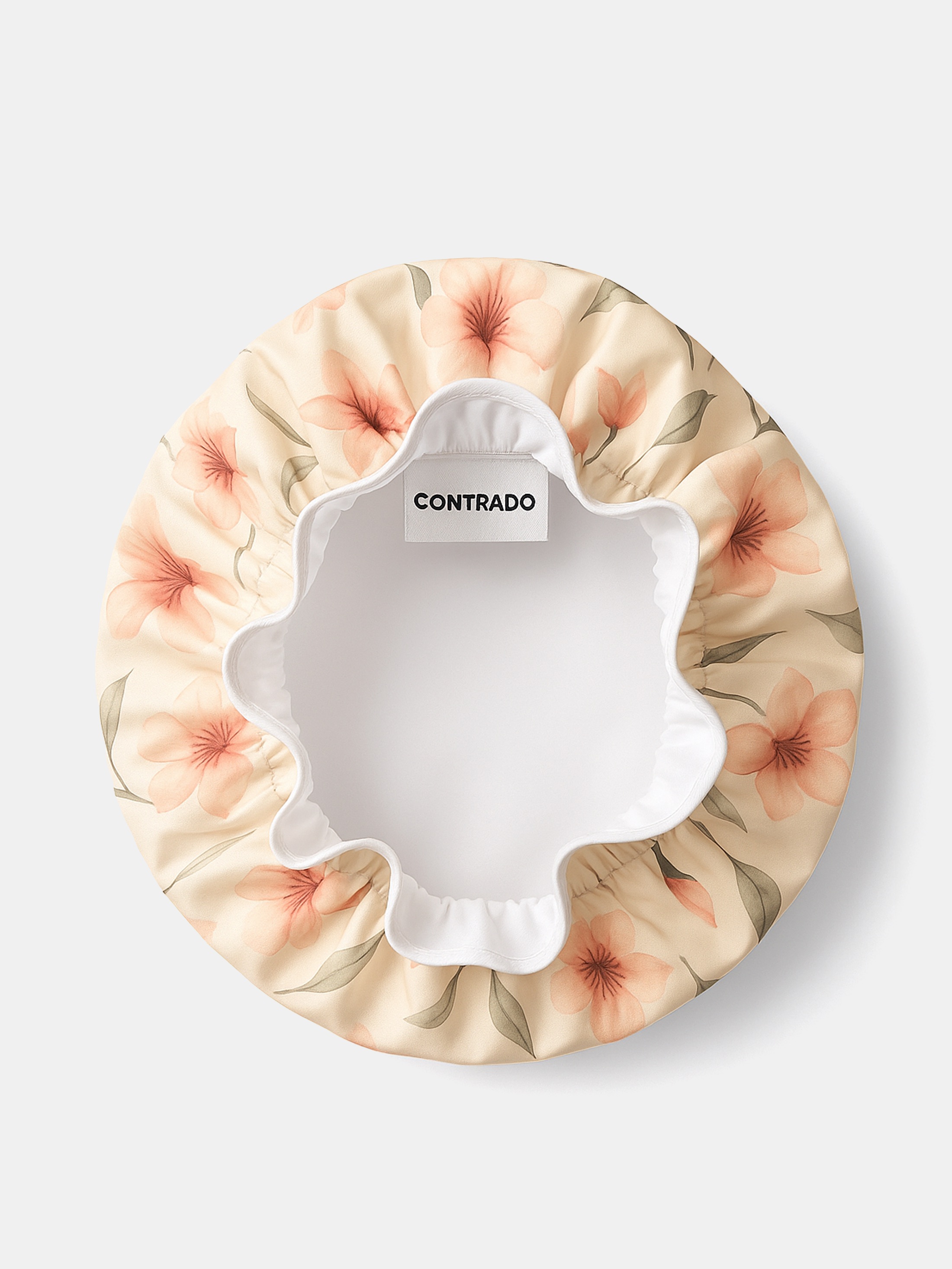 Inside view of custom floral luxury shower cap