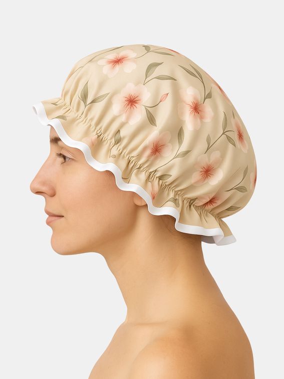 custom luxury shower cap on model