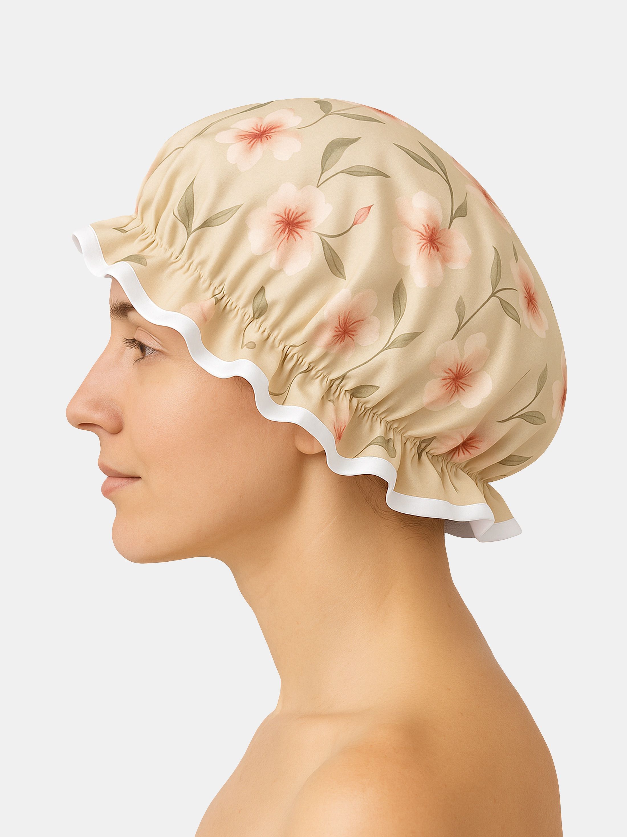 custom luxury shower cap on model
