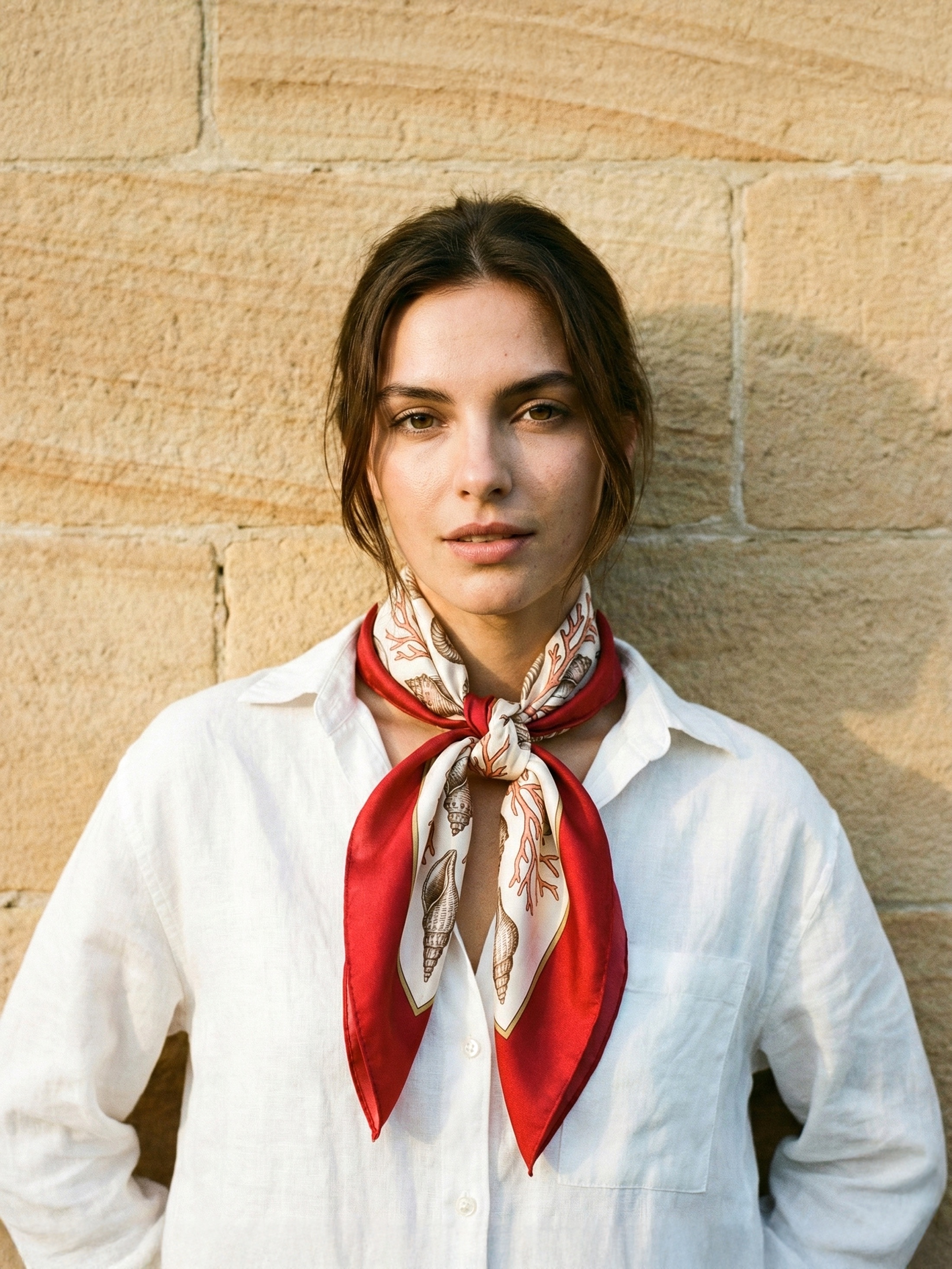 Custom scarves for women- Red silk square scarf with seashell print worn in a classic knot.