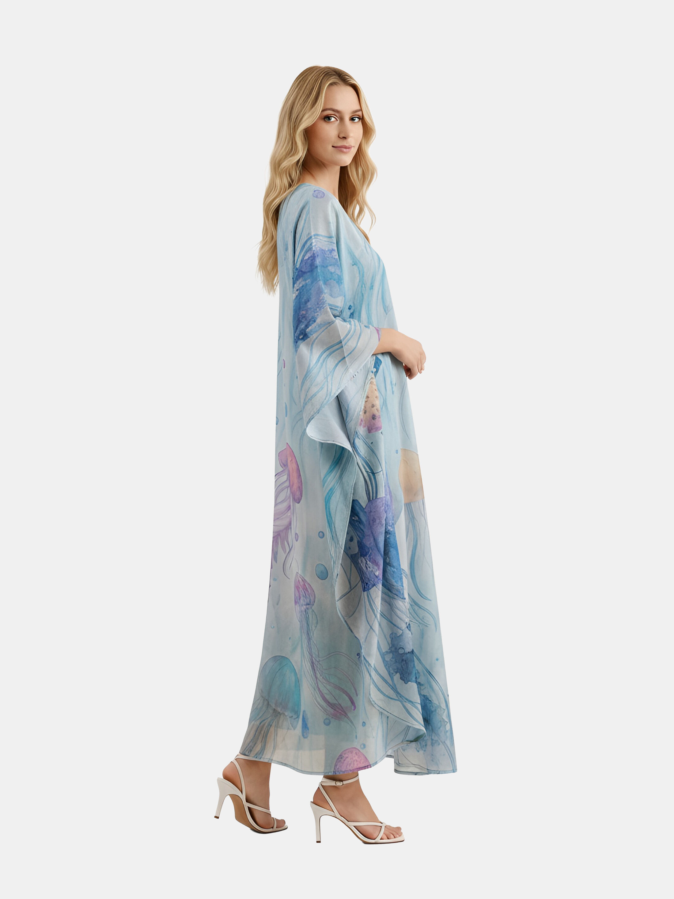 Long jellyfish print kaftan with V-neck