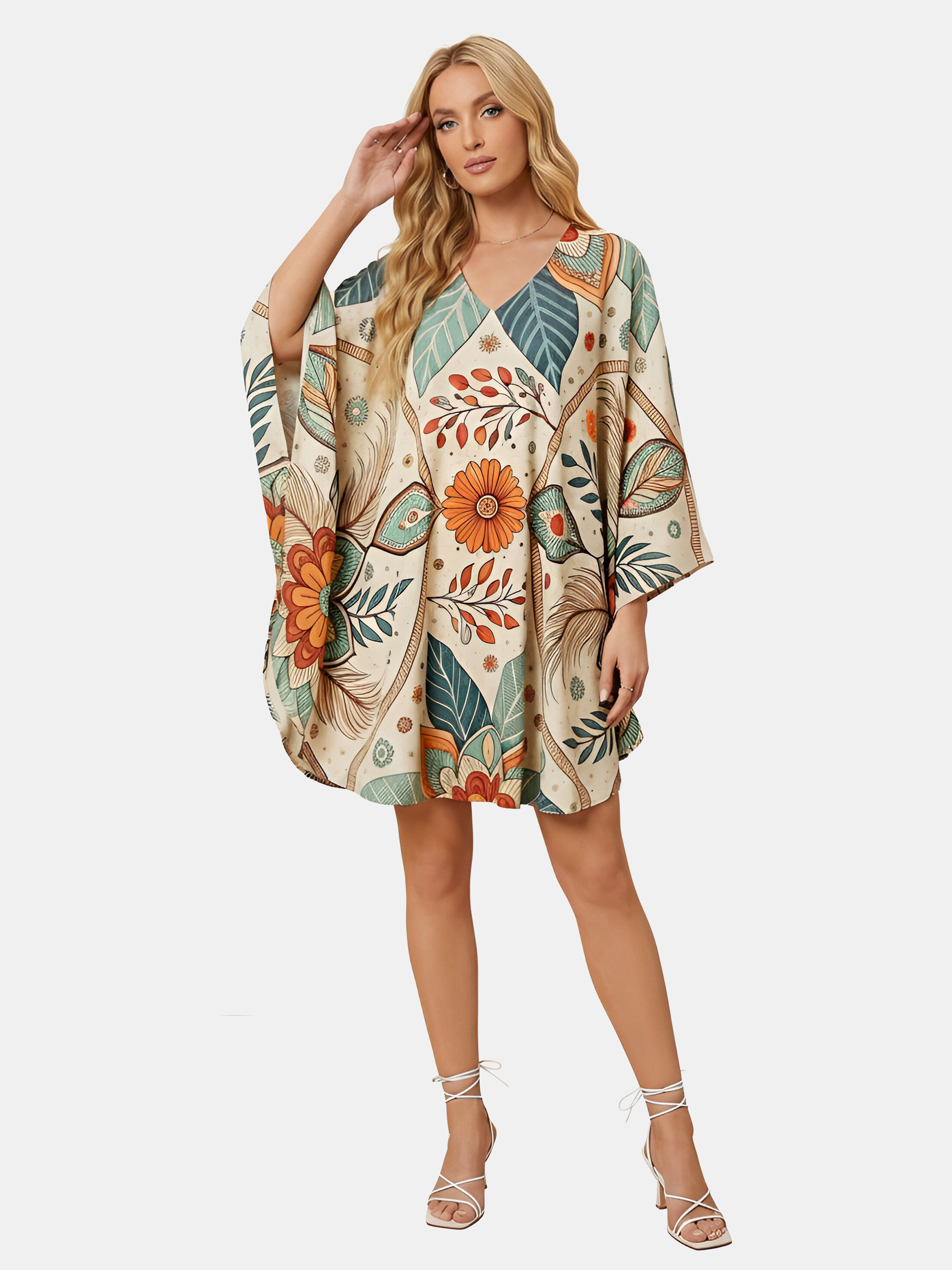 Short floral boho kaftan with wide sleeves