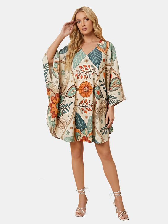 Short floral boho kaftan with wide sleeves