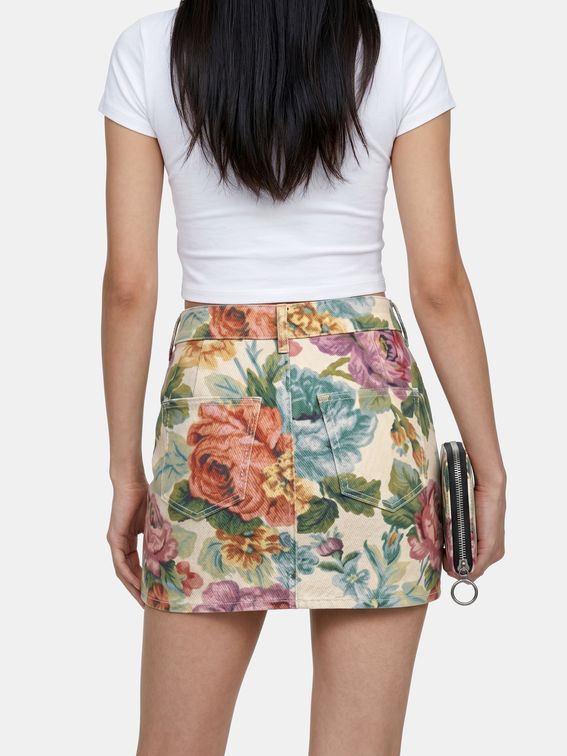 printed denim mini skirts