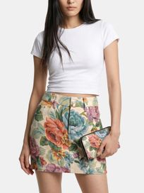 printed denim mini skirts